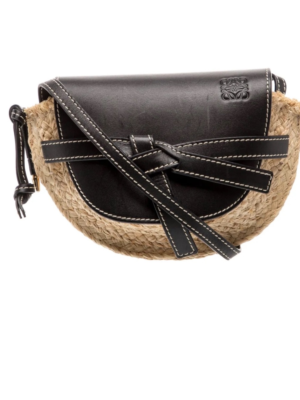 Loewe Black Leather & Natural Straw Gate Crossbody Bag
